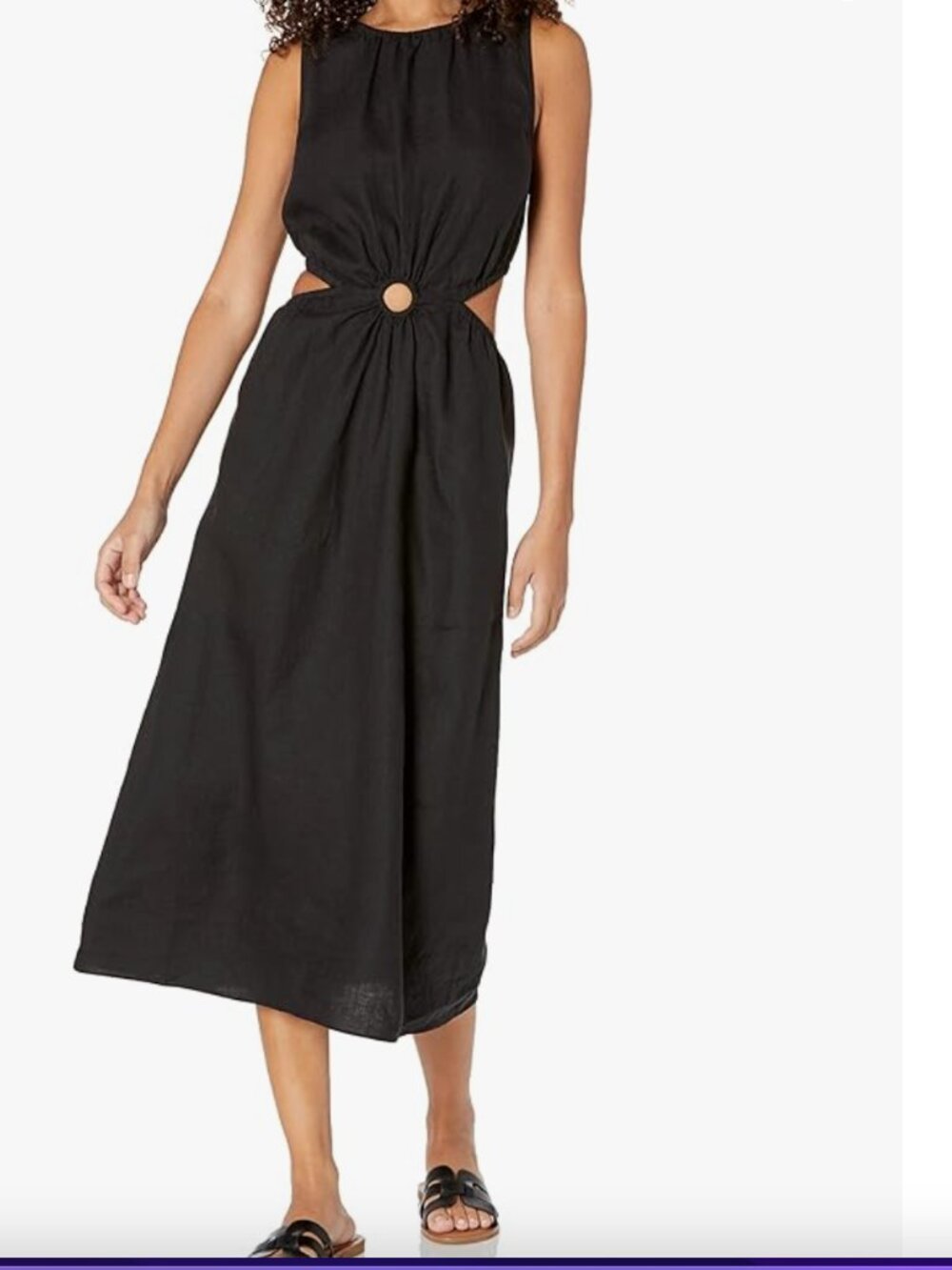 Linen Sleeveless Black Midi Dress with Center Ring Waist